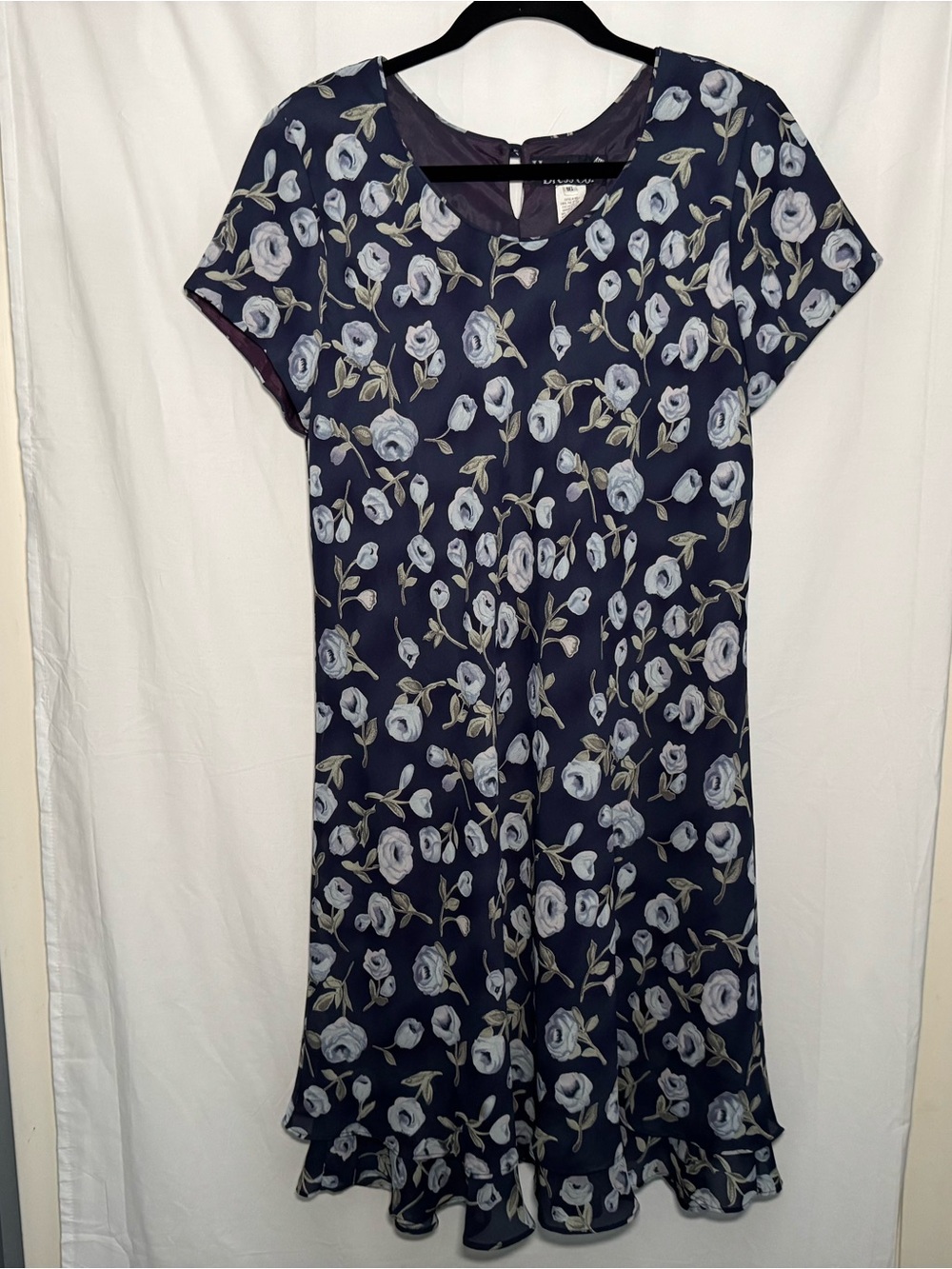 Vintage 90s Hampton Dress Co Floral Ruffle Hem Shift Dress Navy Blue Size 16
